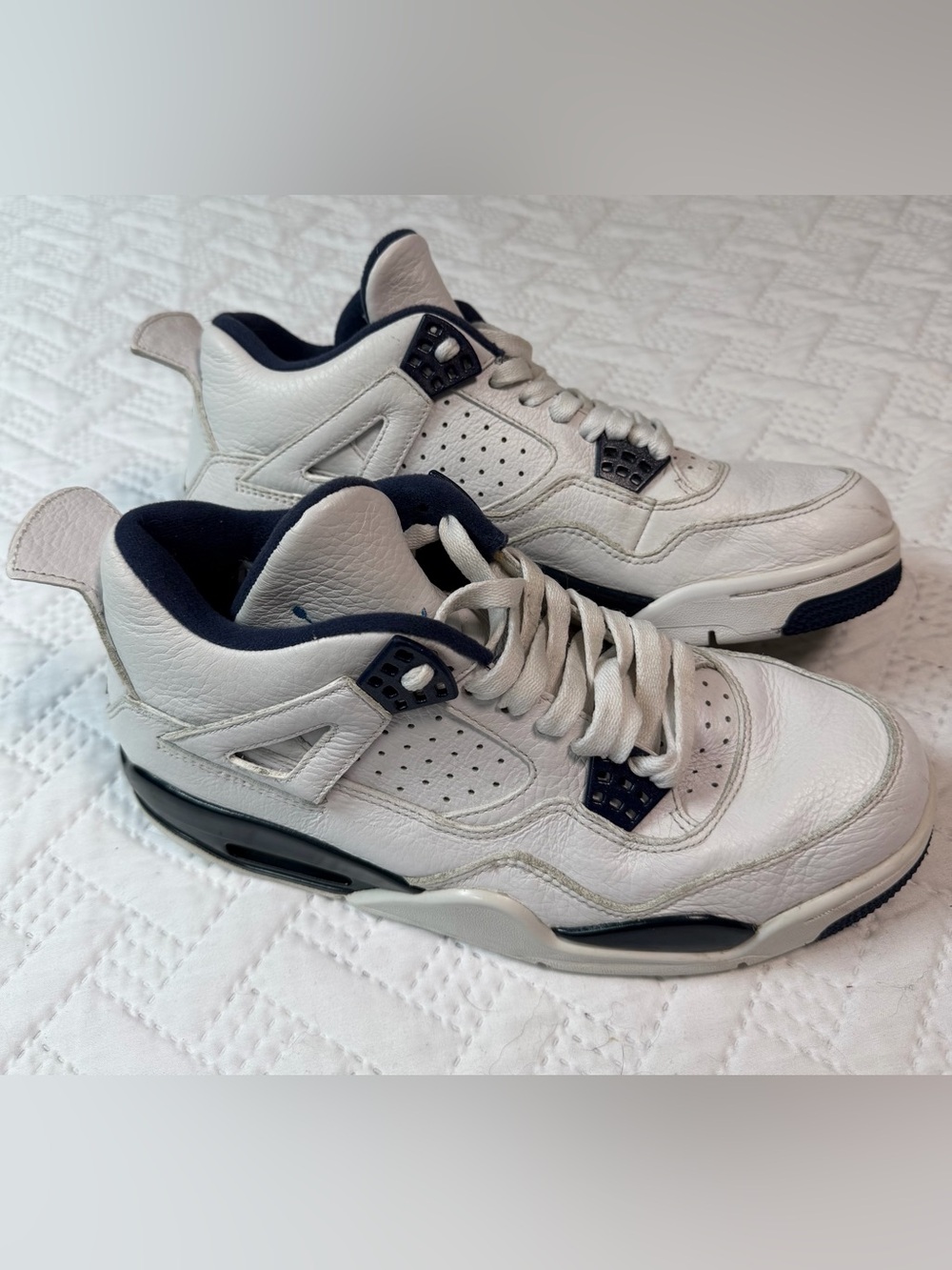 Nike Jordan 4 Men Size 8.5 White Navy Leather Basketball Sneakers Running Shoes
